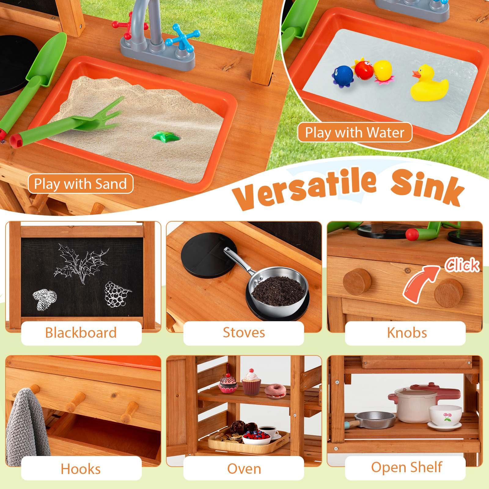 Mud Kitchen, Wooden Pretend Play Kitchen with Height Adjustable Canopy, Blackboard, Planting Cups, Stoves, Sink