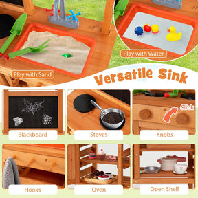 Mud Kitchen, Wooden Pretend Play Kitchen with Height Adjustable Canopy, Blackboard, Planting Cups, Stoves, Sink