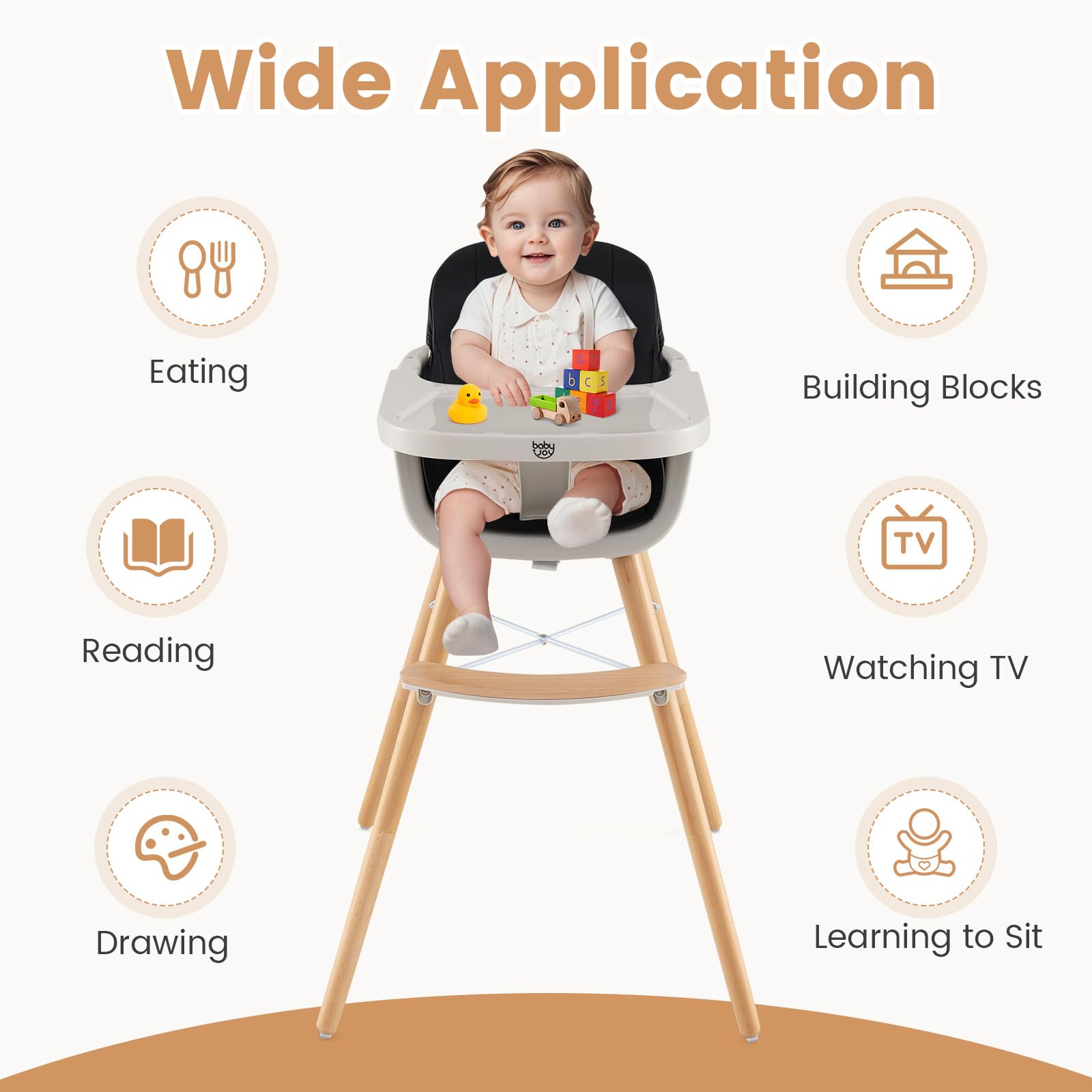 3 in 1 Wooden Convertible Baby High Chair with Removable Tray