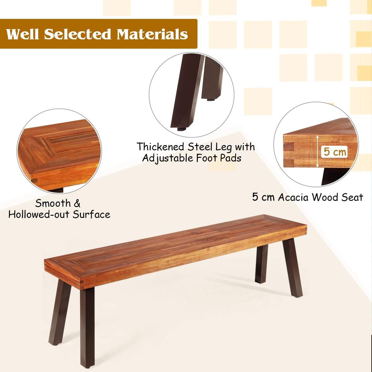 Set of 1/2 Outdoor Acacia Wood Bench, 2-3 People Backless Garden Front Benches with Metal Frame, Patio Wooden Dining Benches for Deck, Yard and Entryway
