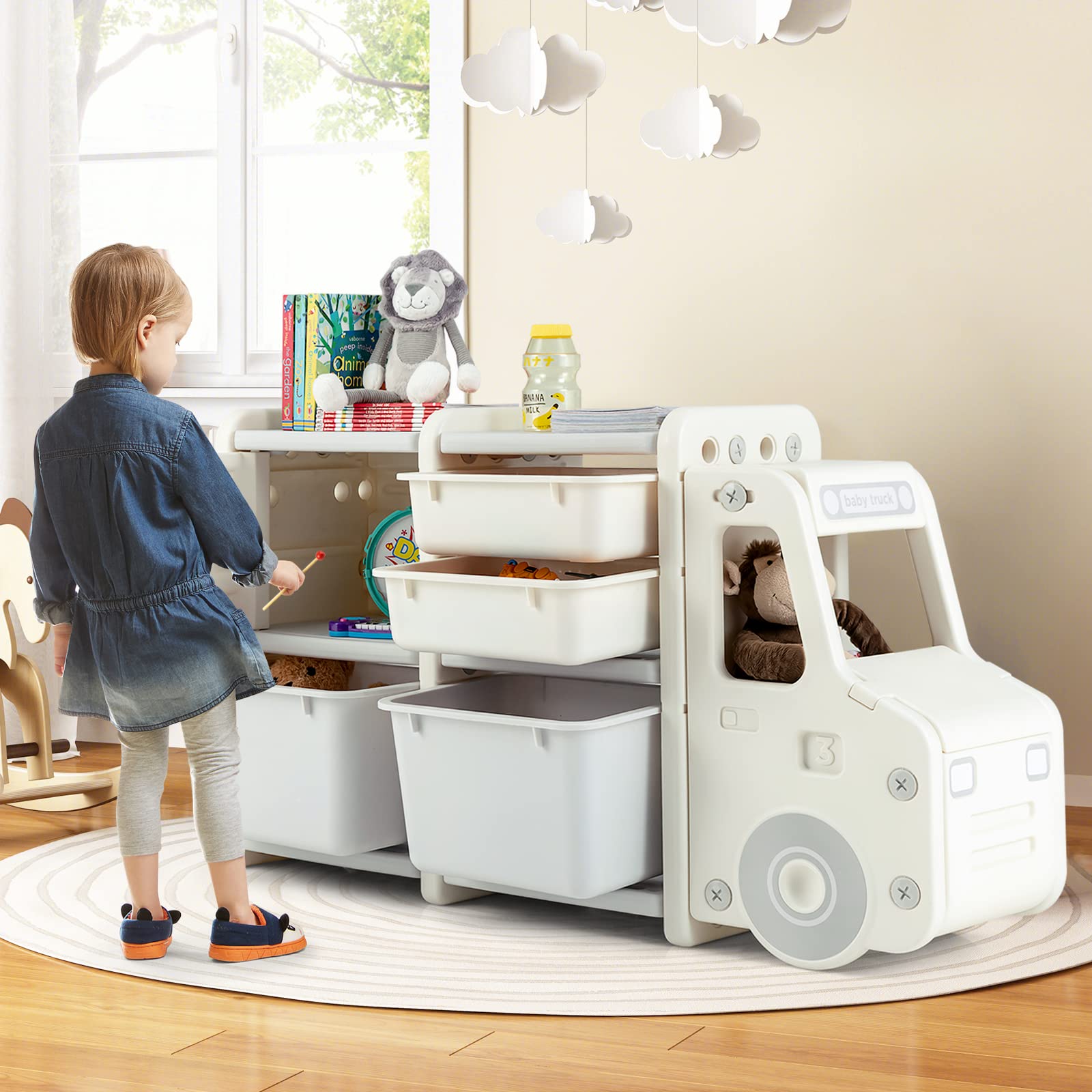 HONEY JOY Kids Toy Storage Organiser with 2 Large Bins, Pull-Out Drawers, Cabinet, Front Store Space