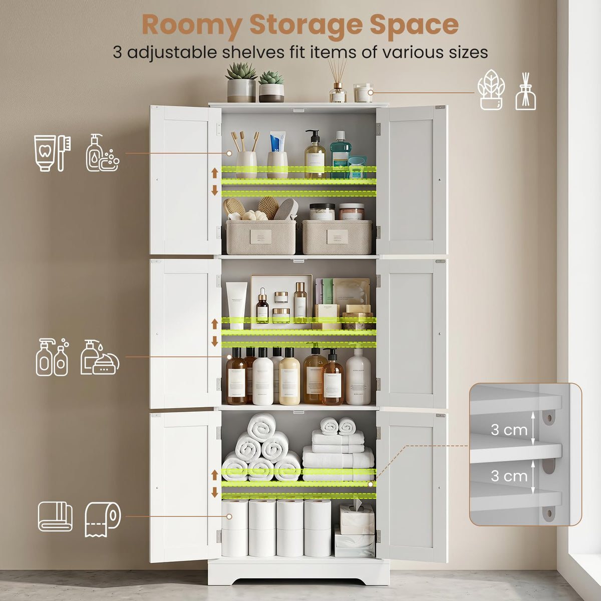 Tall Bathroom Storage Cabinet with 6 Doors, 60 x 30 x 160 CM