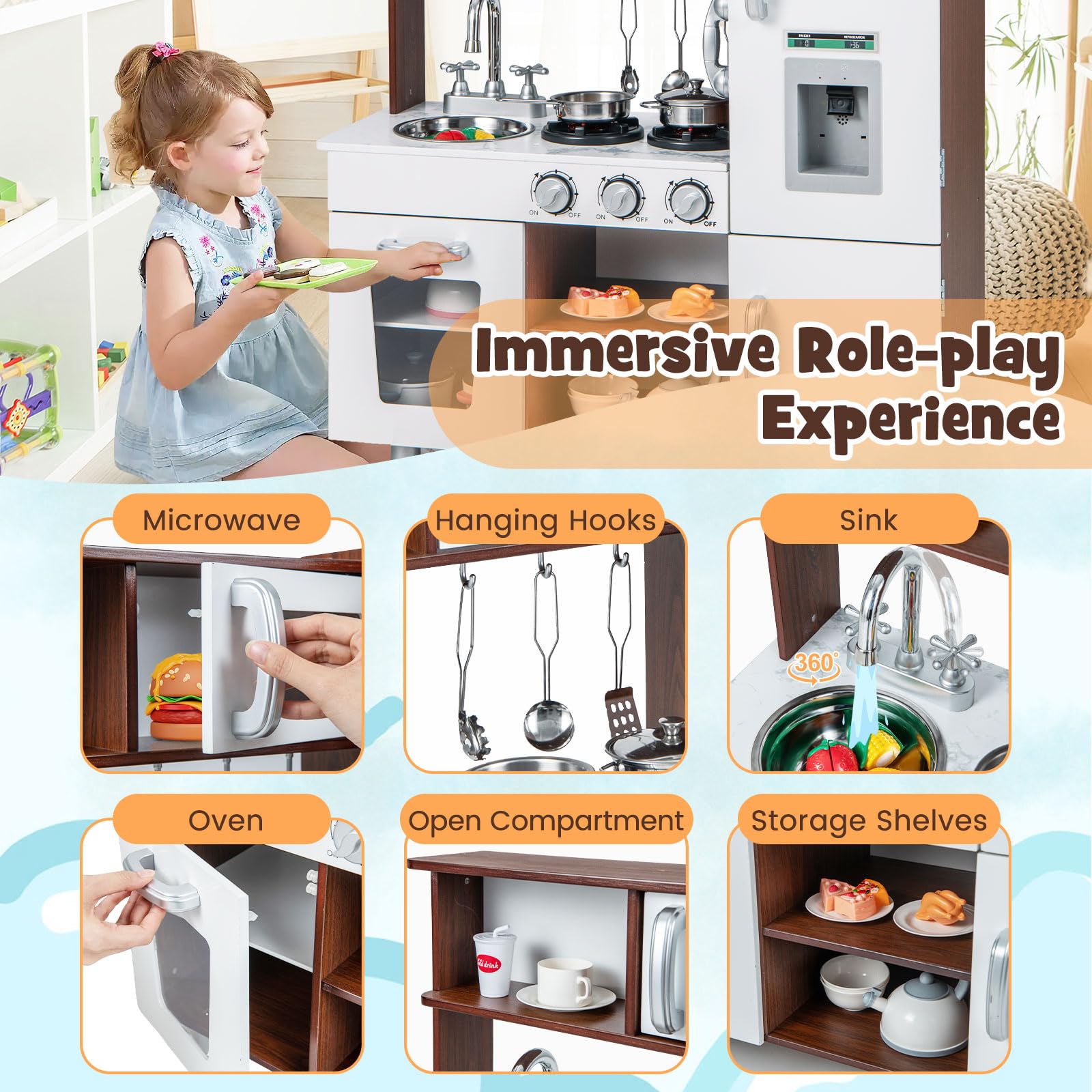 Kids Kitchen Playset, Pretend Play Kitchen Toy w/Realistic Sounds & Lights