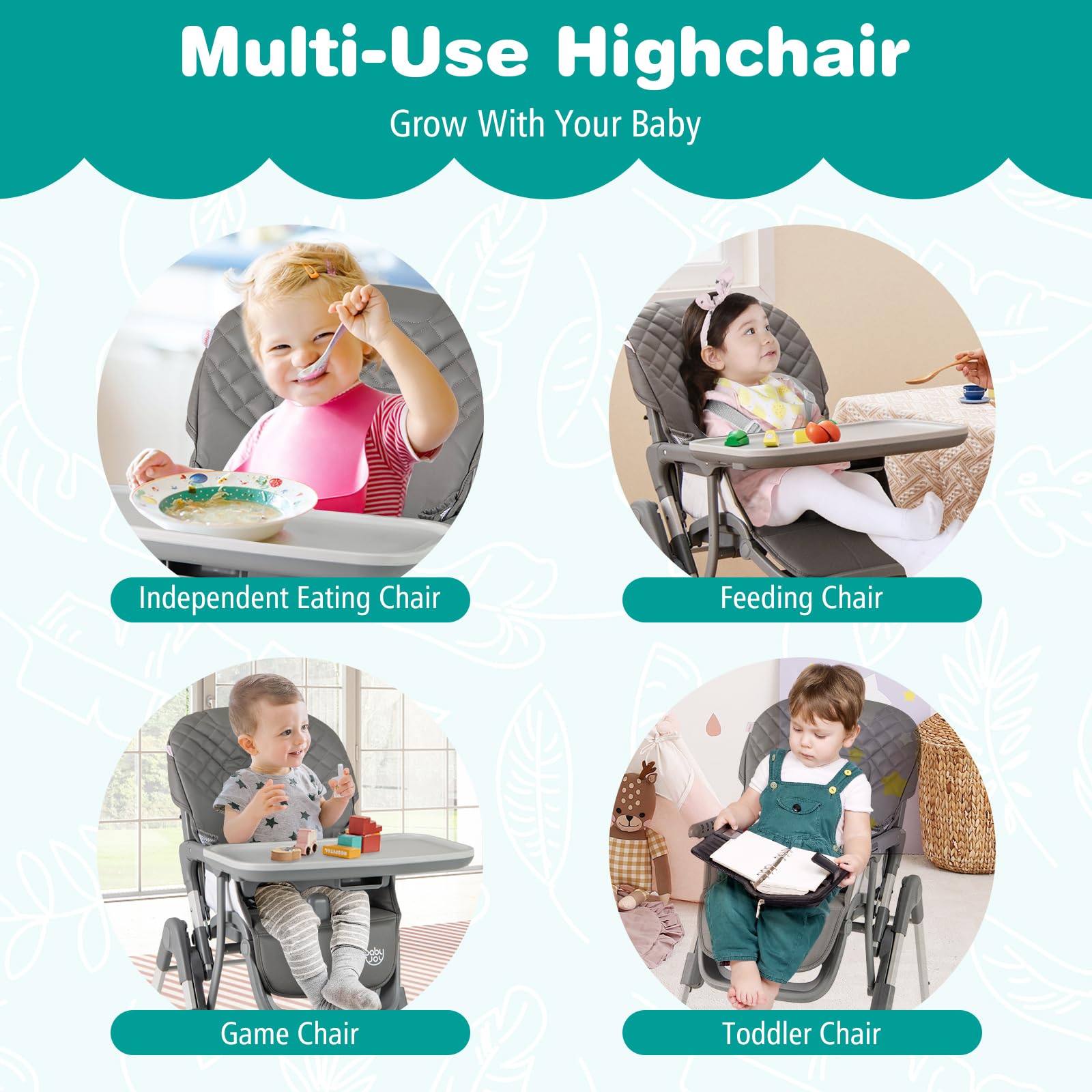 Portable Adjustable Highchair with Footrest, Detachable Tray, Easy to Clean PU Seat Cushion