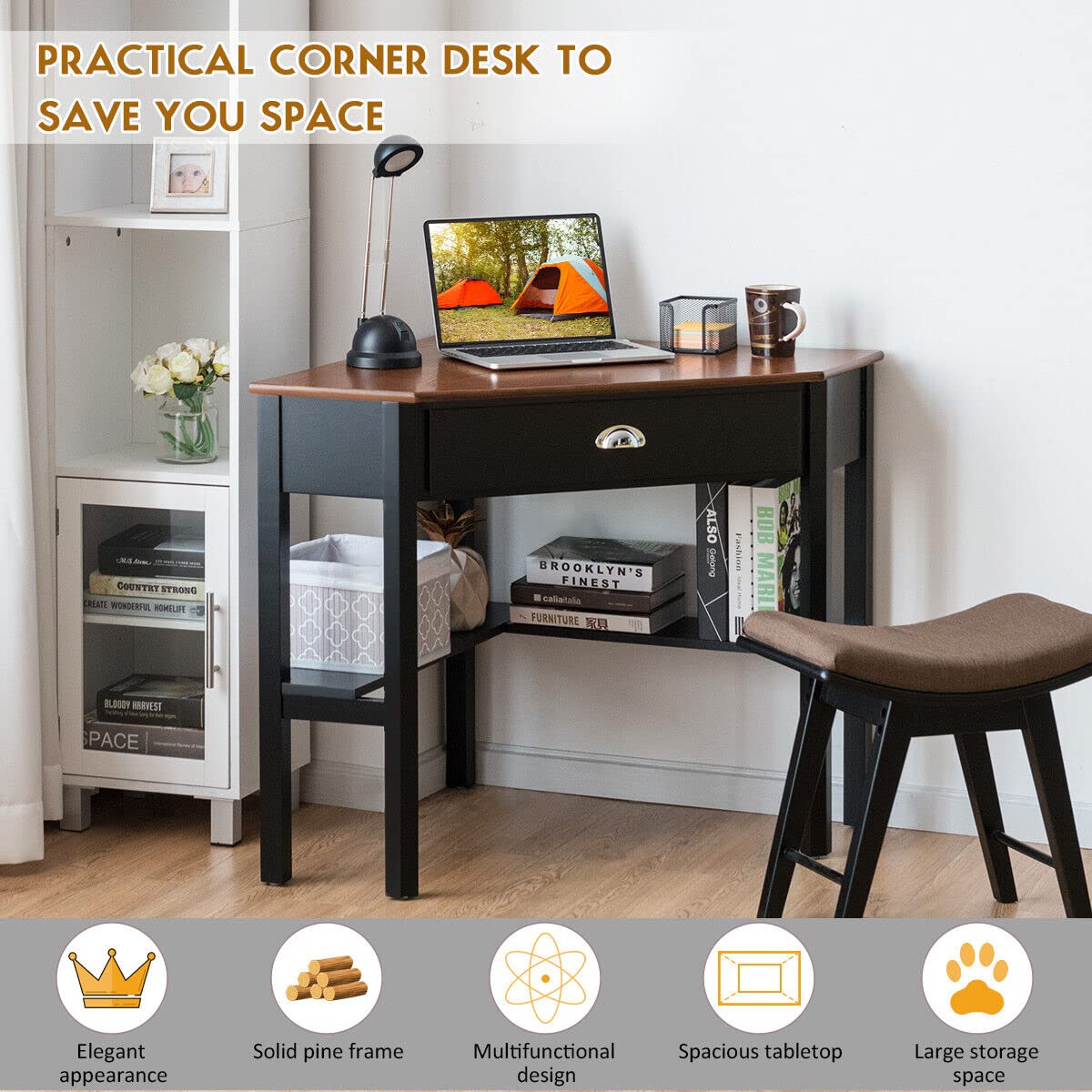 Giantex Wood Corner Computer Desk, Compact Writing Table w/Drawer & Shelves