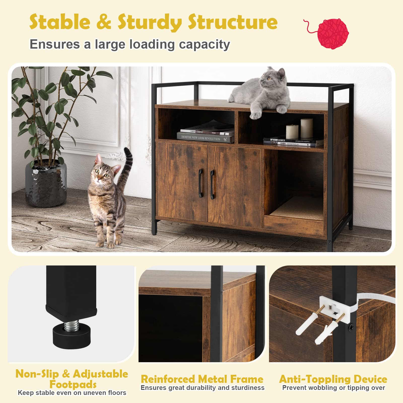 Cat Litter Box Enclosure, Hidden Cat Washroom w/Double Doors & Scratch Cardboard