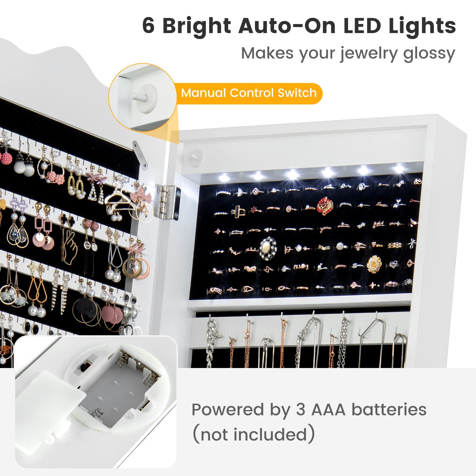 Giantex Jewelry Armoire with Full Length Mirror, Standing Lockable Jewelry Cabinet with Built-in LED Lights