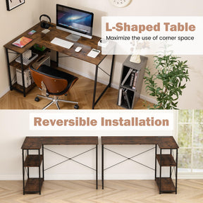 L-Shaped Desk with Power Outlet, Home Office Computer Desk with Reversible Adjustable Storage Shelves