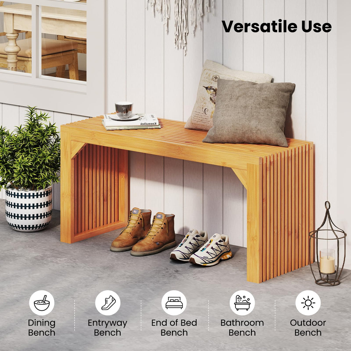 Bamboo Dining Bench, 90CM Long Entryway Bench, Indoor Outdoor Solid Wood Bench