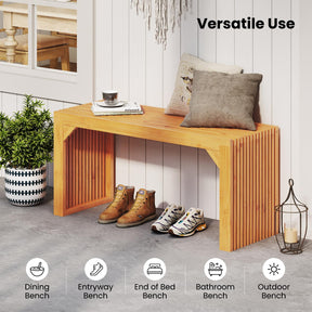 Bamboo Dining Bench, 90CM Long Entryway Bench, Indoor Outdoor Solid Wood Bench