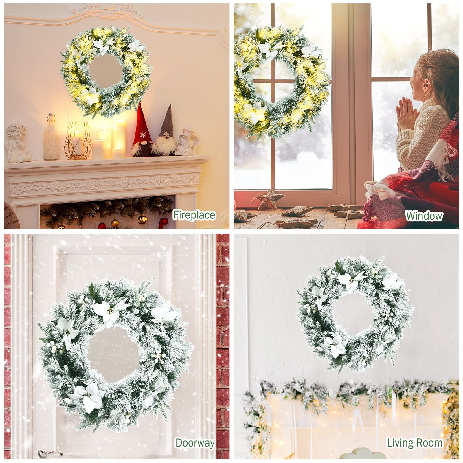 Christmas Wreath, 60CM/24 Inch Pre-Lit Snow Flocked Xmas Wreath