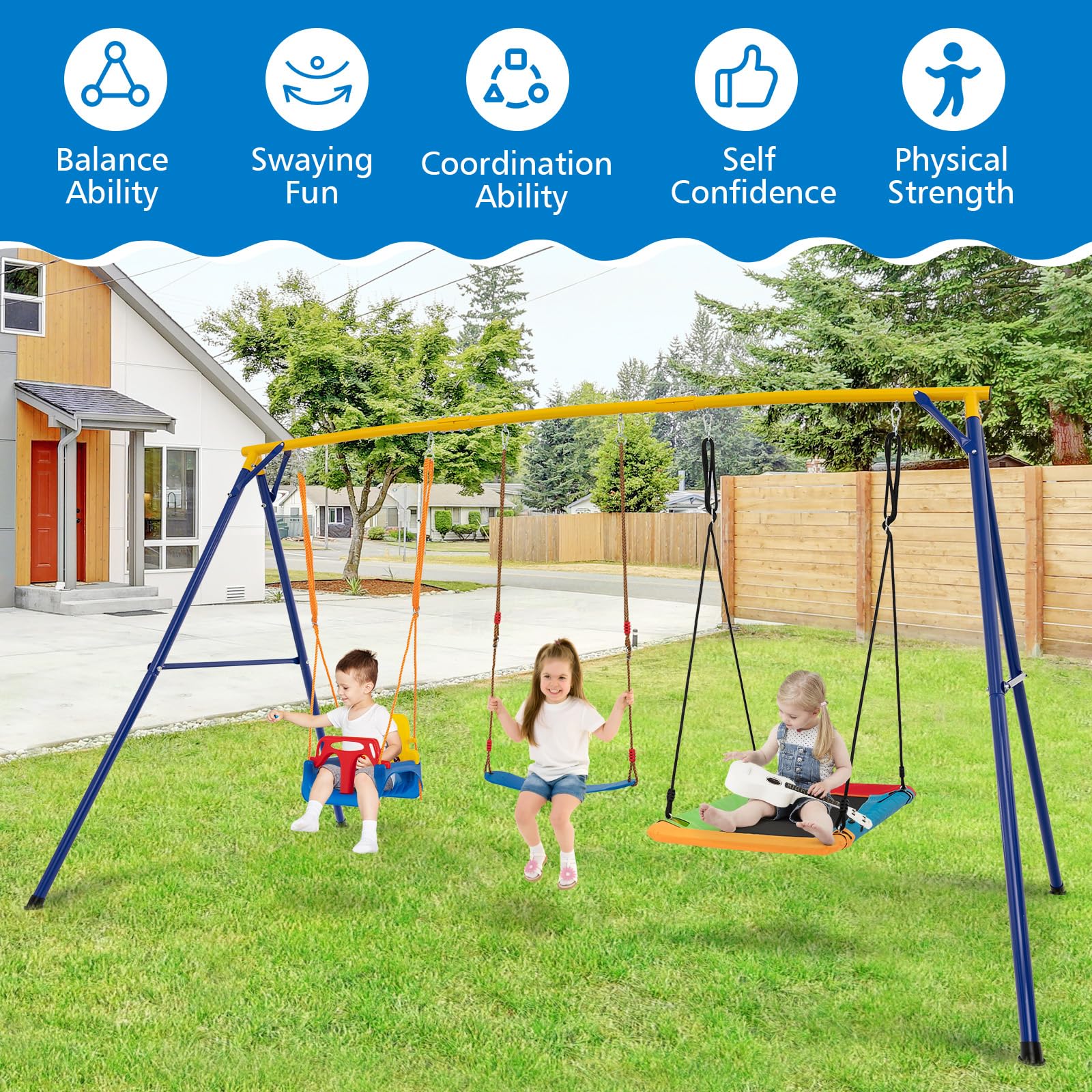 300 KG Indoor & Outdoor Swing Set, Heavy Duty Carbon Steel Swing Frame w/ 1 Belt Swing