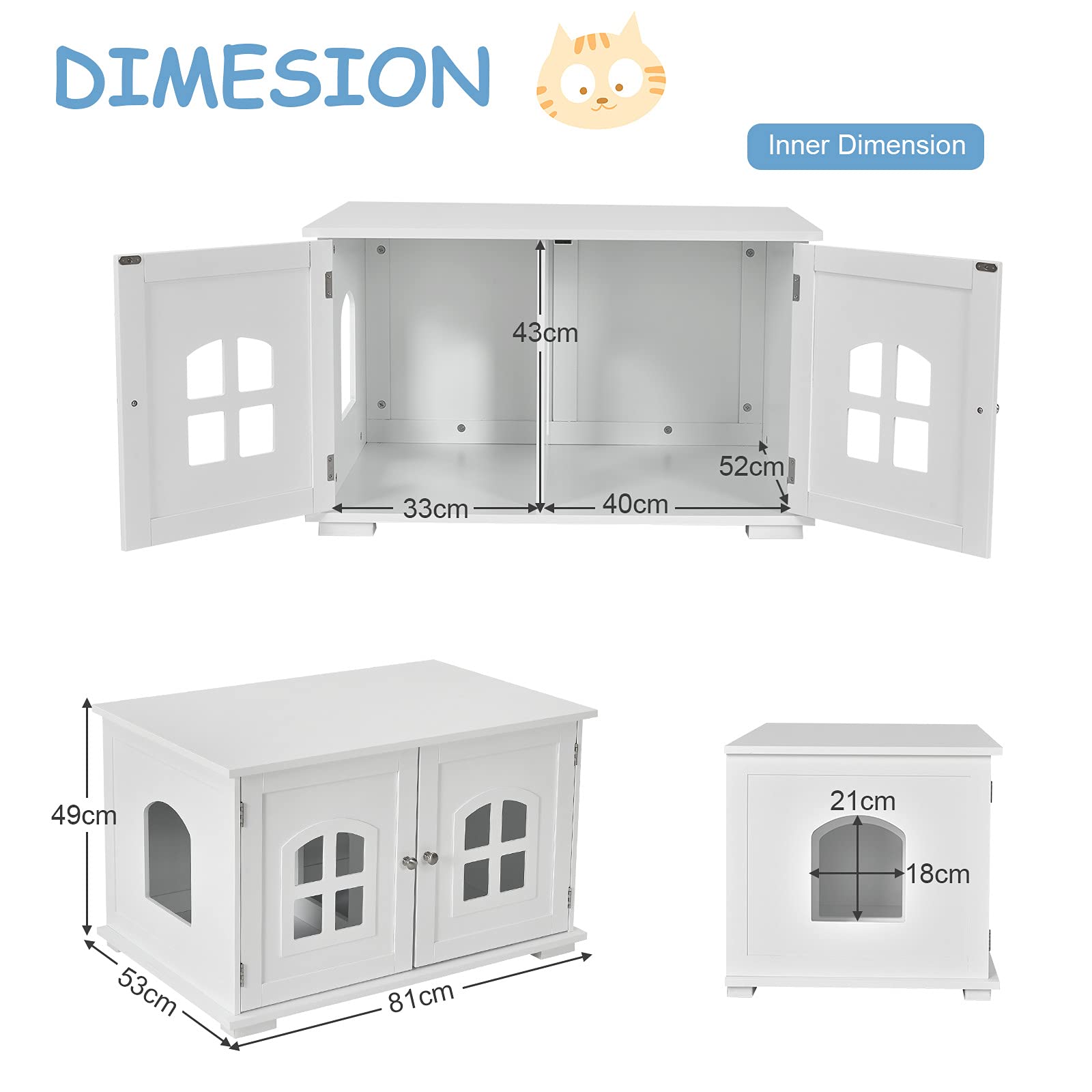 Cat Litter Box Enclosure Furniture Hidden, Wooden Washroom Storage Cabinet Bench w/Cross Windows