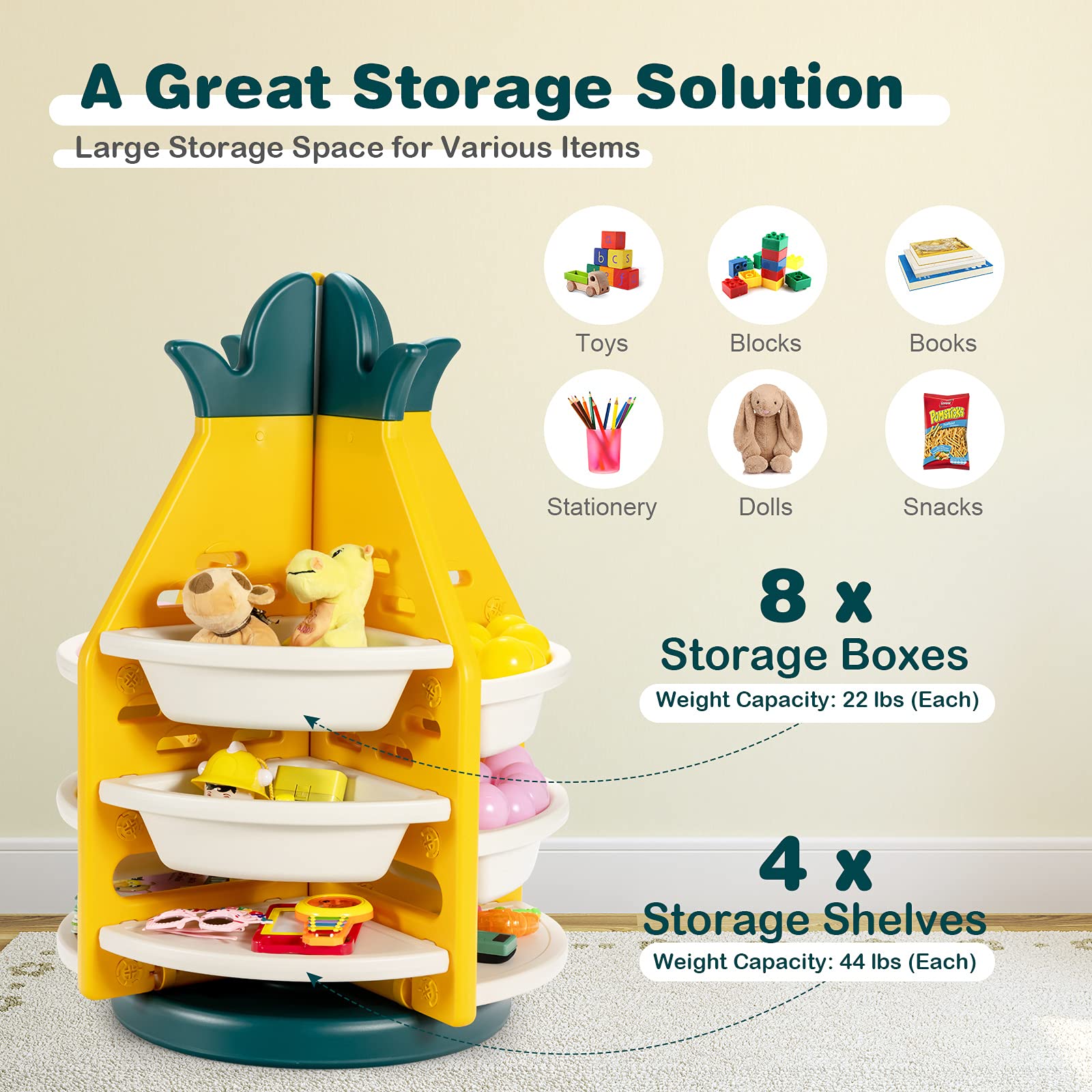 Kids Rotating Toy Storage Organizer, 3-Tier Pineapple Toy Shelf Bookcase w/ 8 Plastic Bins & 4 Shelves, 360°Revolving, Yellow & Green & White