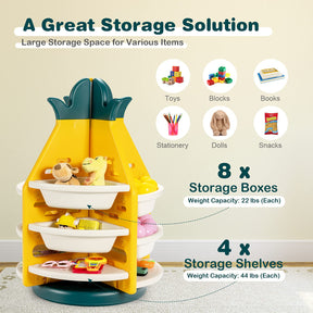 Kids Rotating Toy Storage Organizer, 3-Tier Pineapple Toy Shelf Bookcase w/ 8 Plastic Bins & 4 Shelves, 360°Revolving, Yellow & Green & White