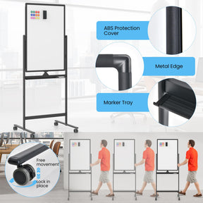 Mobile Magnetic Double-Sided Reversible Whiteboard, 360° Rolling Dry Erase Board w/Markers