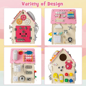 Kids Wooden Busy House Toy, Montessori Play House w/Sensory Games & Interior Storage Space