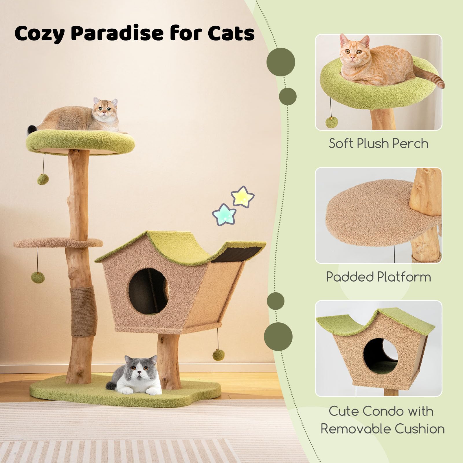110 CM Cat Tree, Solid Wood Cat Tower with Padded Top Perch
