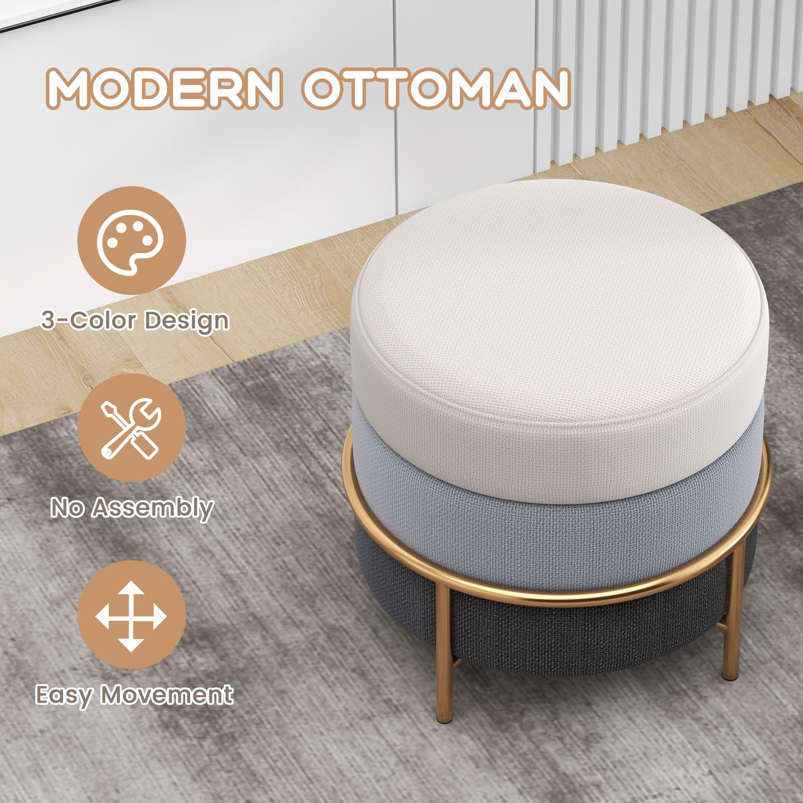 Giantex Upholstered Linen Fabric Ottoman, Multifunctional Round Vanity Stool with Gold Metal Legs & Anti-Slip Foot Pads