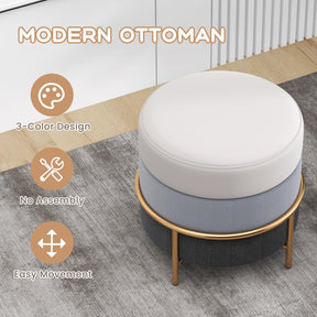 Giantex Upholstered Linen Fabric Ottoman, Multifunctional Round Vanity Stool with Gold Metal Legs & Anti-Slip Foot Pads