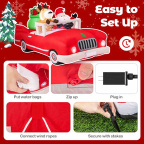 2.35M Long Christmas Inflatable Santa Claus and Reindeer Riding Red Car with Gift Bag
