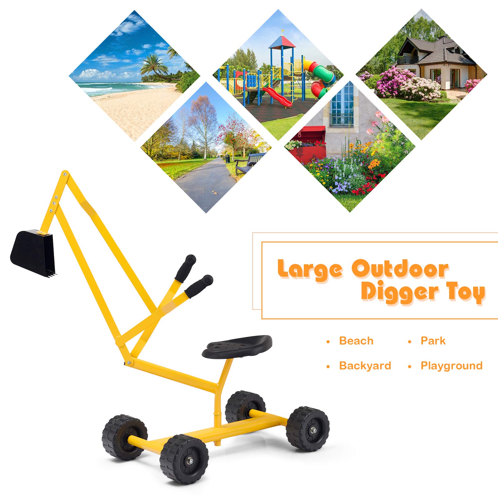 Kids Ride-on Sand Digger with Wheels, Ride On Excavator Crane with 360° Rotating Seat for Dirt