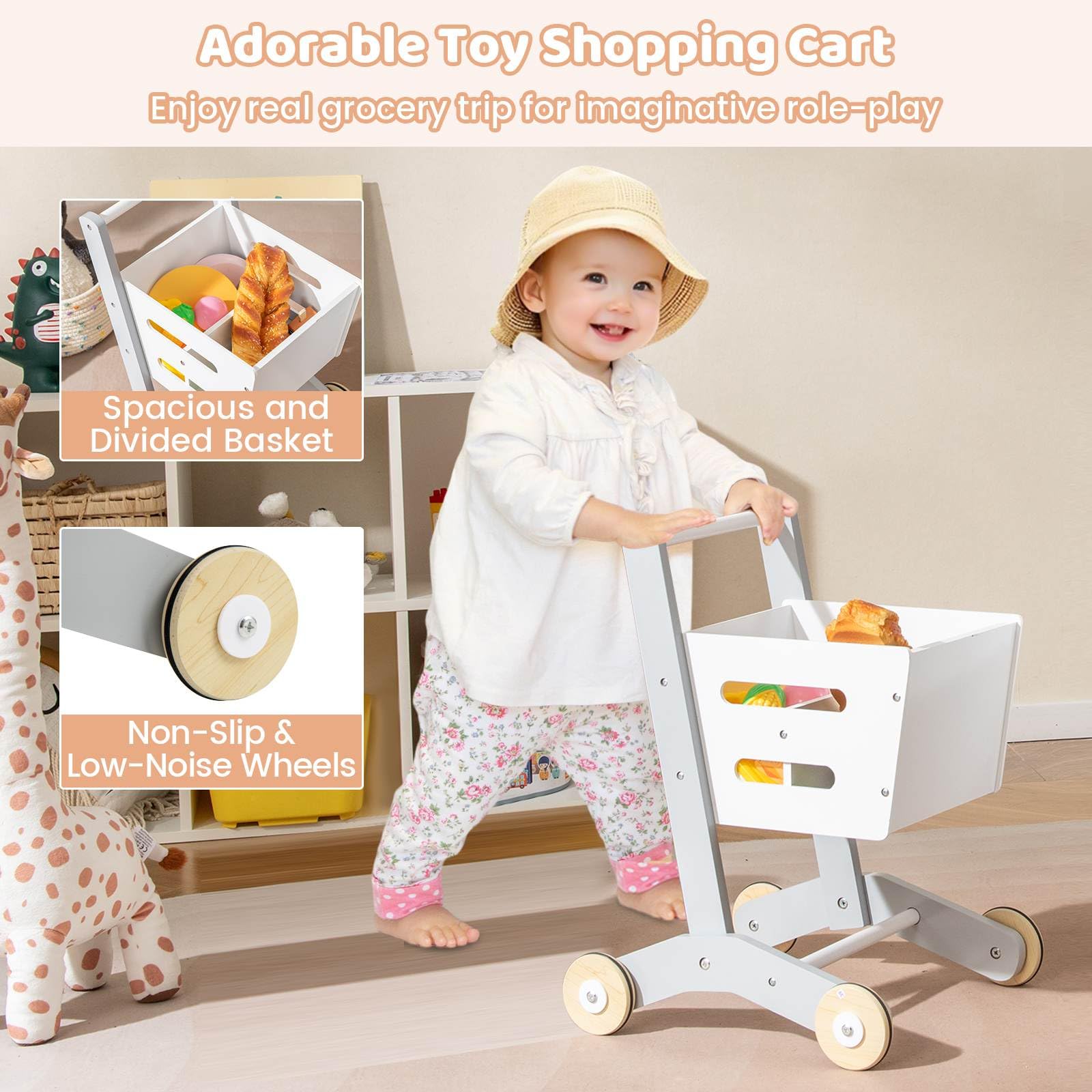 Kids Grocery Store Playset, Convertible Wooden Play Store with Shopping Cart