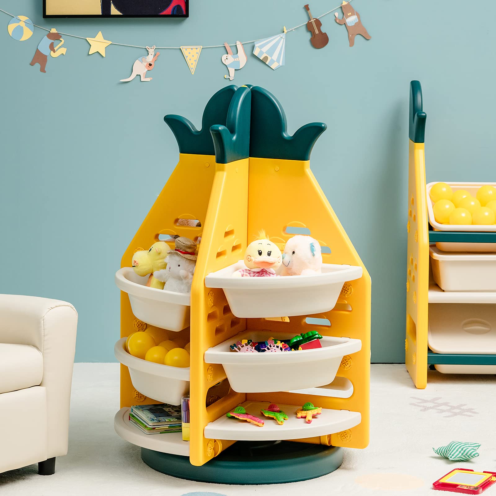 BABY JOY Kids Toy Storage Organiser, 3-Tier 360° Rotating Toy Shelf w/ 8 Bins & 4 Shelves