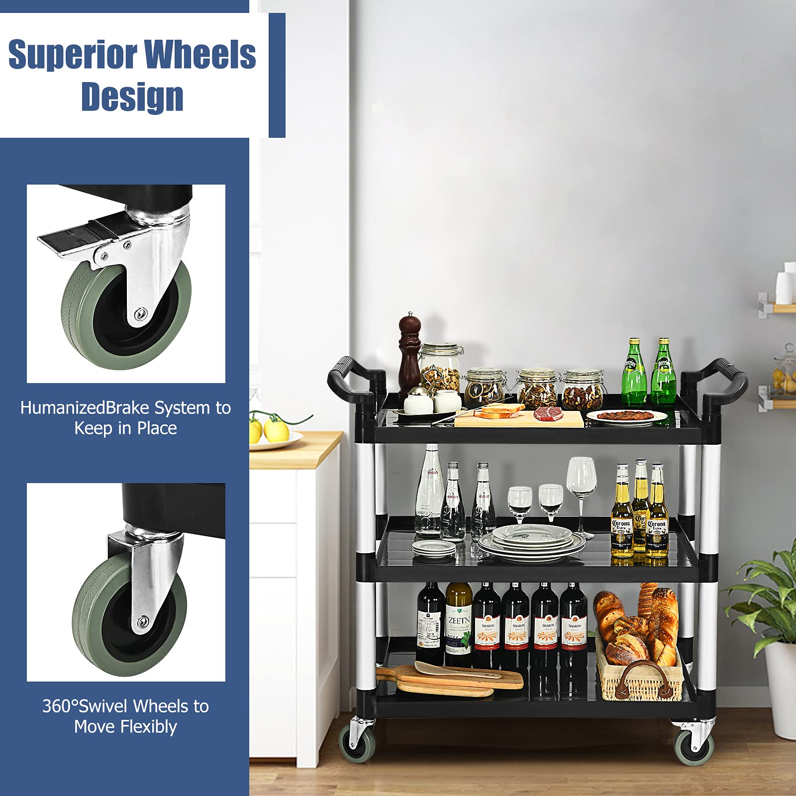 Giantex 3-Tier Rolling Utility Cart, Heavy Duty Food Service Cart