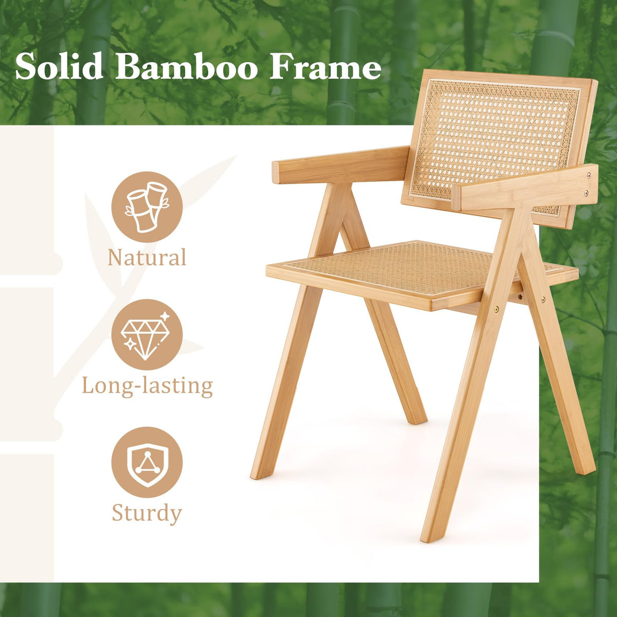 Rattan Dining Chair, Cane Kitchen Chair with Sturdy Bamboo Frame