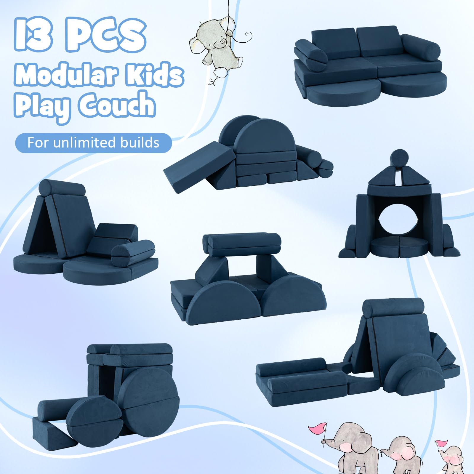 13 PCS Modular Kids Play Couch for Nursery Playroom Bedroom Living Room