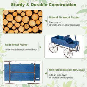 24.5" x 13.5" x 24"  Wooden Wagon Planter, Decorative Garden Planter Box with 2 Planting Sections, Wheels, Handle, Small Decorated Cart