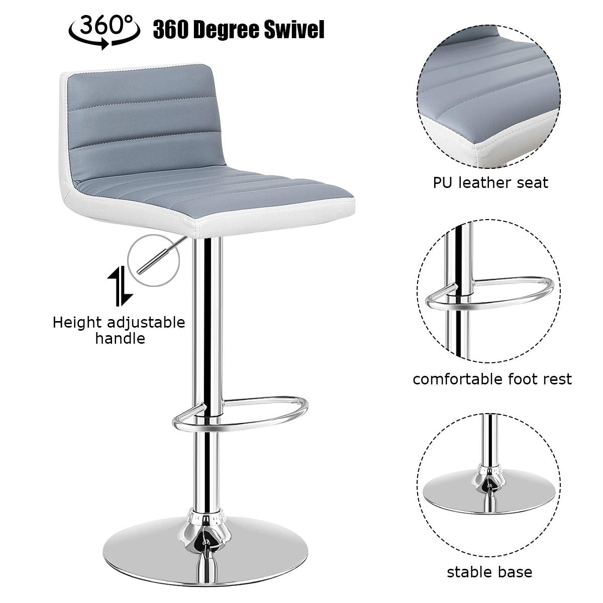 Giantex 2PC Gray & White Bar Stools, Modern Swivel Barstools, Adjustable Height, Gas Lift, PU Leather Seat