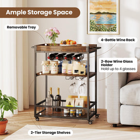 Rolling Bar Cart, Kitchen Serving Cart w/Removable Tray, Wine Rack and Glass Holder