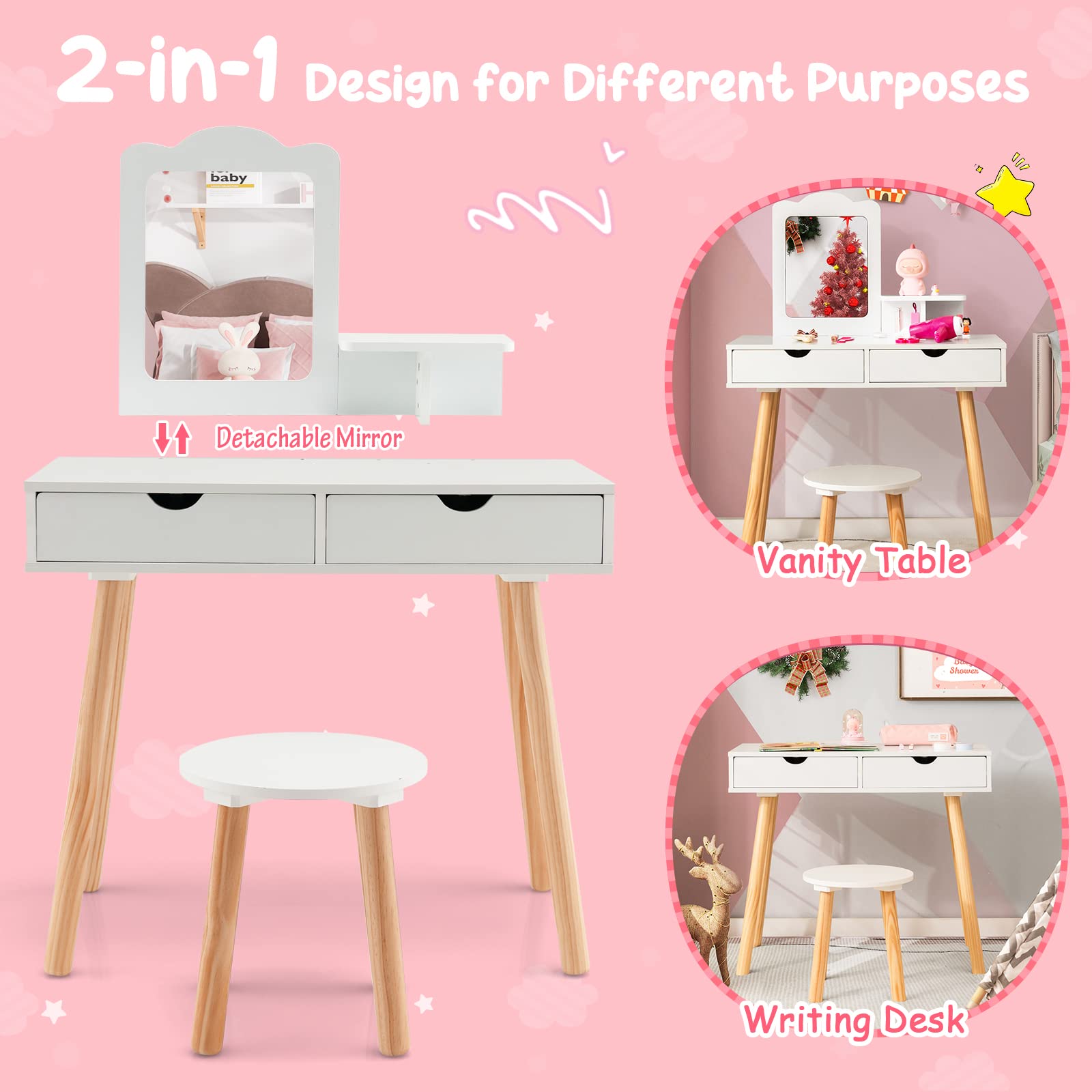 Girls Vanity Set with Mirror and Stool, 2 Large Drawers, Storage Shelf