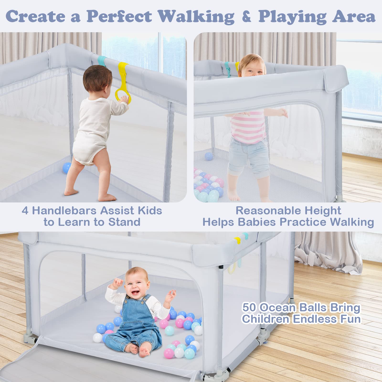 Foldable Baby Playpen, Playpen Activity Center for Babies Toddlers w/50 Balls & 4 Pull Rings