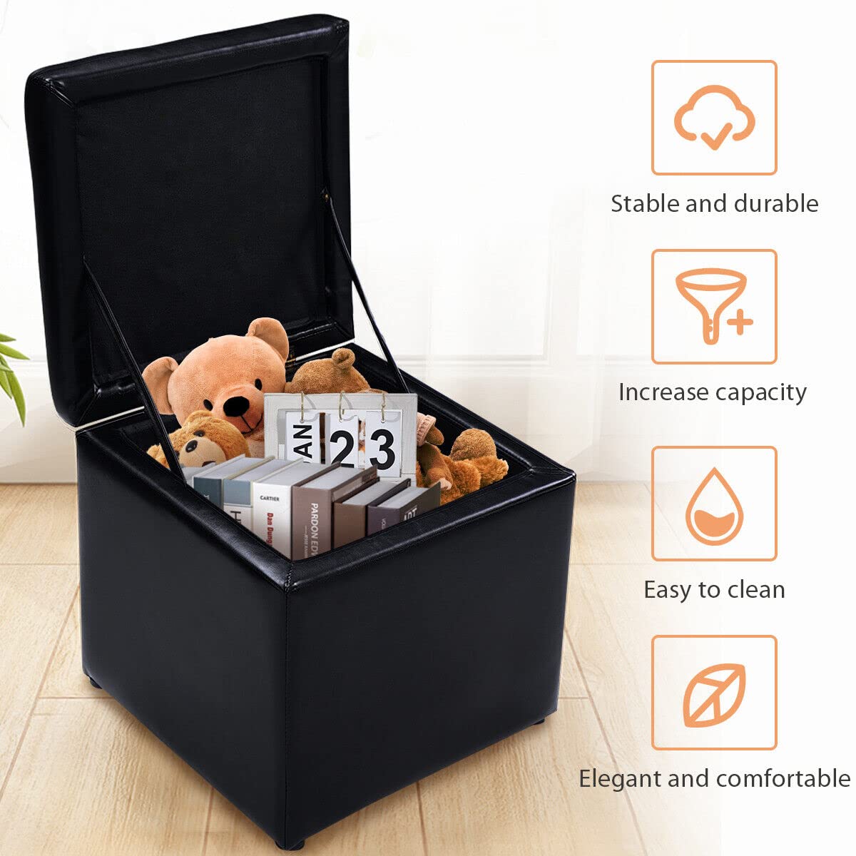 40CM Cube Ottoman, Pouffe Storage Box Lounge Seat Footstools w/Hinge Top & Bottom Feet