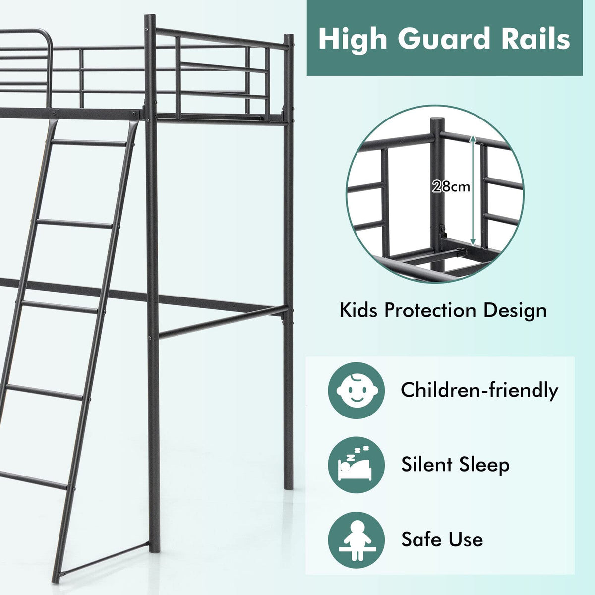 Loft Bed with Ladder, Heavy-Duty Steel Bed Frame with High Guard Rails, Versatile Bed Frame with Ample Underneath Floor Space for Working & Relaxation