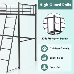 Loft Bed with Ladder, Heavy-Duty Steel Bed Frame with High Guard Rails, Versatile Bed Frame with Ample Underneath Floor Space for Working & Relaxation