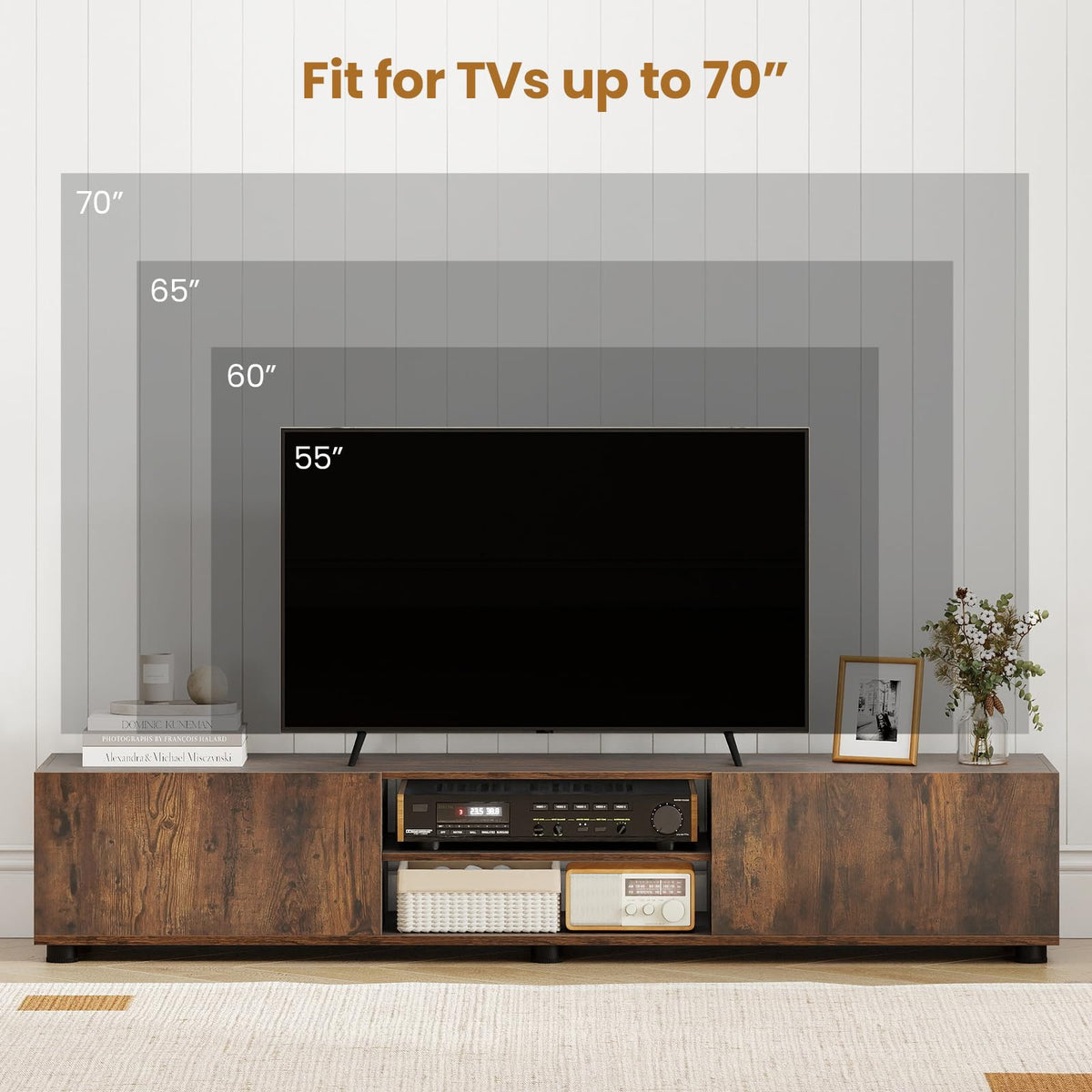 Modern TV Stand for up to 70" TVs, Minimalist Entertainment Center with 2 Doors & Open Shelves