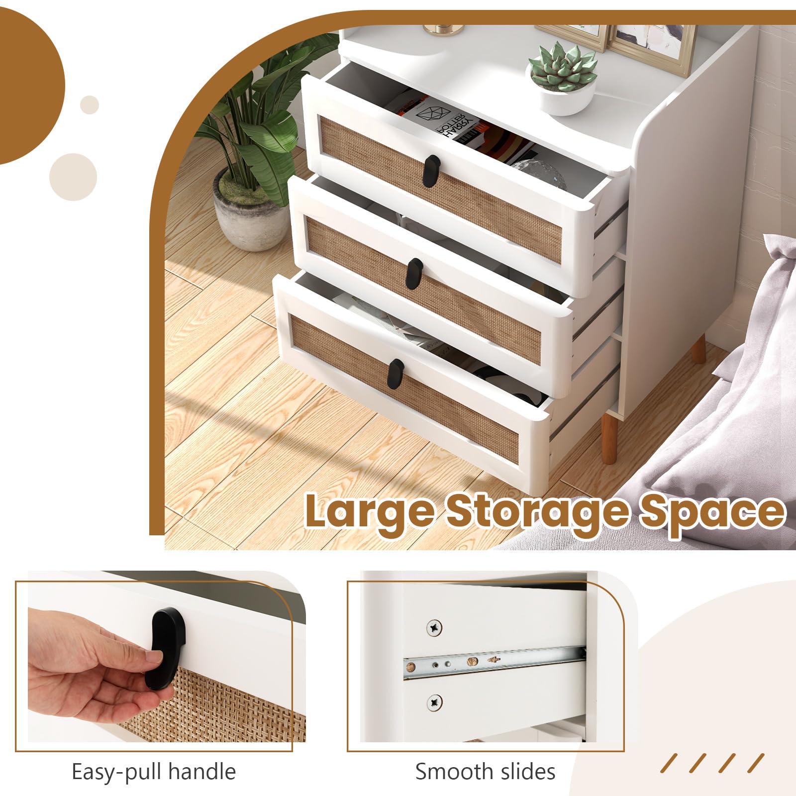 Giantex Nightstand Modern End Table Bedside Table with 3 Rattan Decorated Drawers for Small Spaces