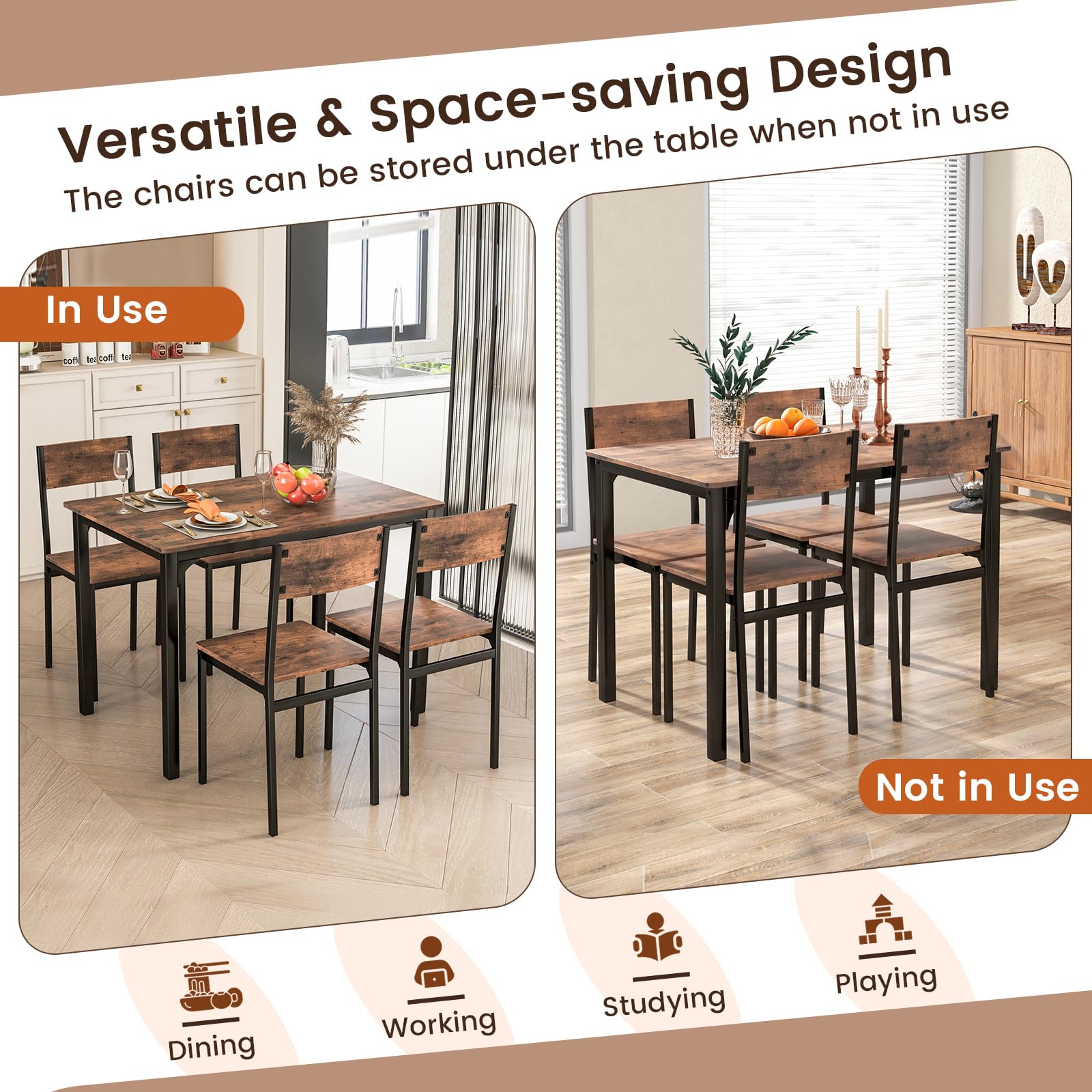 Giantex 5 Piece Dining Table Set, Industrial Style Kitchen Table & Chairs for 4 w/Backrest & Metal Frame