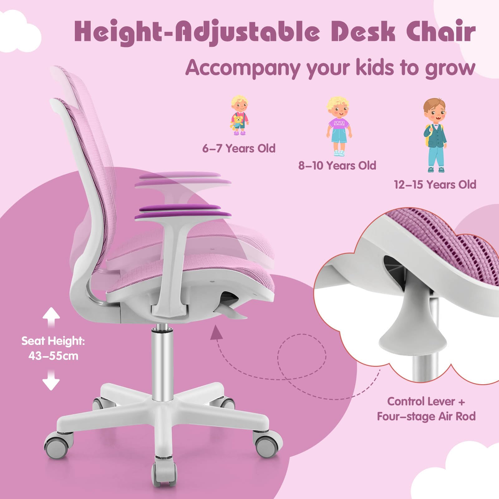 Ergonomic Children Study Computer Chair, Mesh Swivel Task Student Chair 6-15 Years for Home School Office