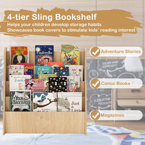 4-Tier Kids Wooden Bookshelf, Front Facing Children Display Bookcase with Deep Compartments