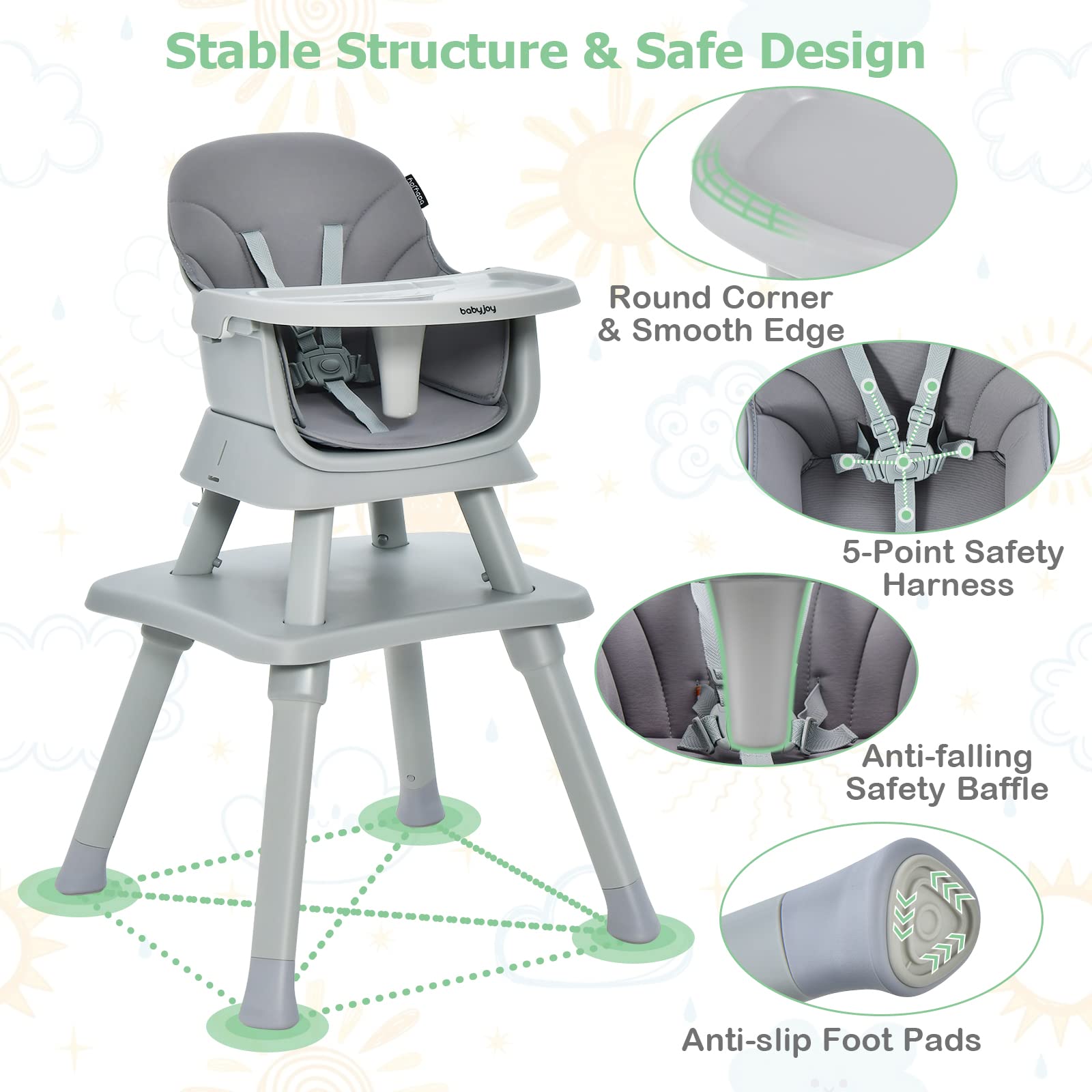 BABY JOY 8 in 1 Baby Highchair Convertible High Chair for Infants w/Adjustable & Washable Tray
