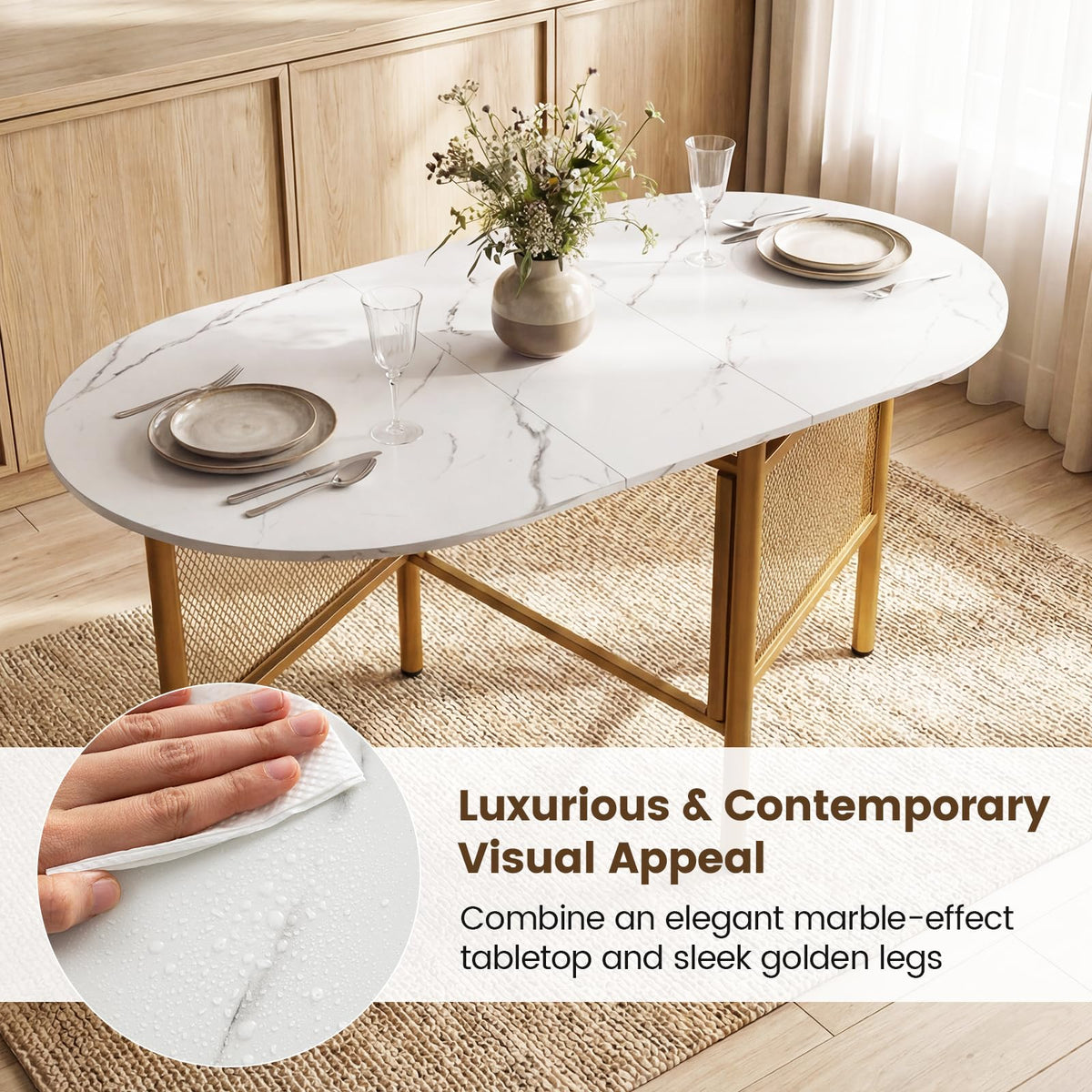 150 CM Folding Dining Table for 6-8 People, Drop Leaf Space Saving Oval Kitchen Table with Golden Metal Legs & Marble-Finished Tabletop