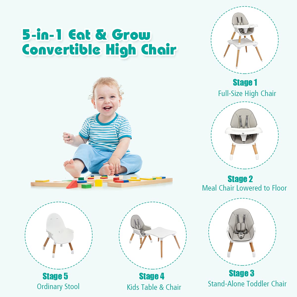 5 in 1 High Chair, Convertible High Chairs for Babies and Toddlers/Booster Seat/Table and Chair Set