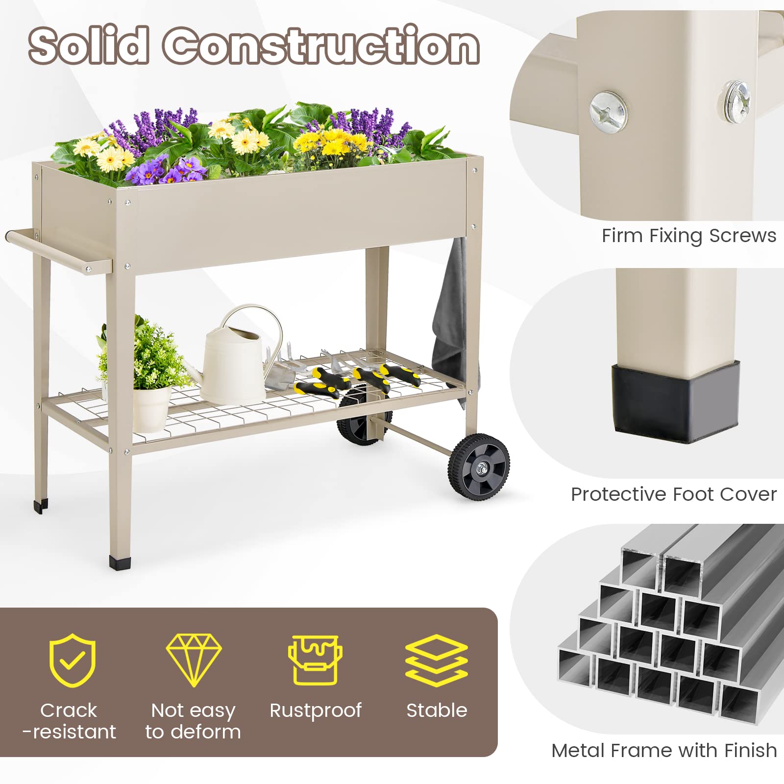 Raised Garden Bed with Legs, Elevated Planter Box on Wheels with Storage Shelf
