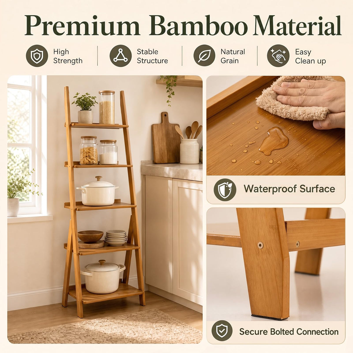 5-Tier Bamboo Ladder Shelf Bookcase, Natural