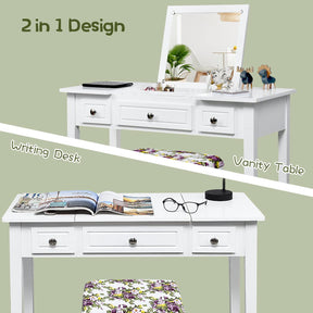 Giantex 2-in-1 Vanity Table Set, Makeup Table w/ Flip Top Mirror, 3 Drawers & Large Tabletop